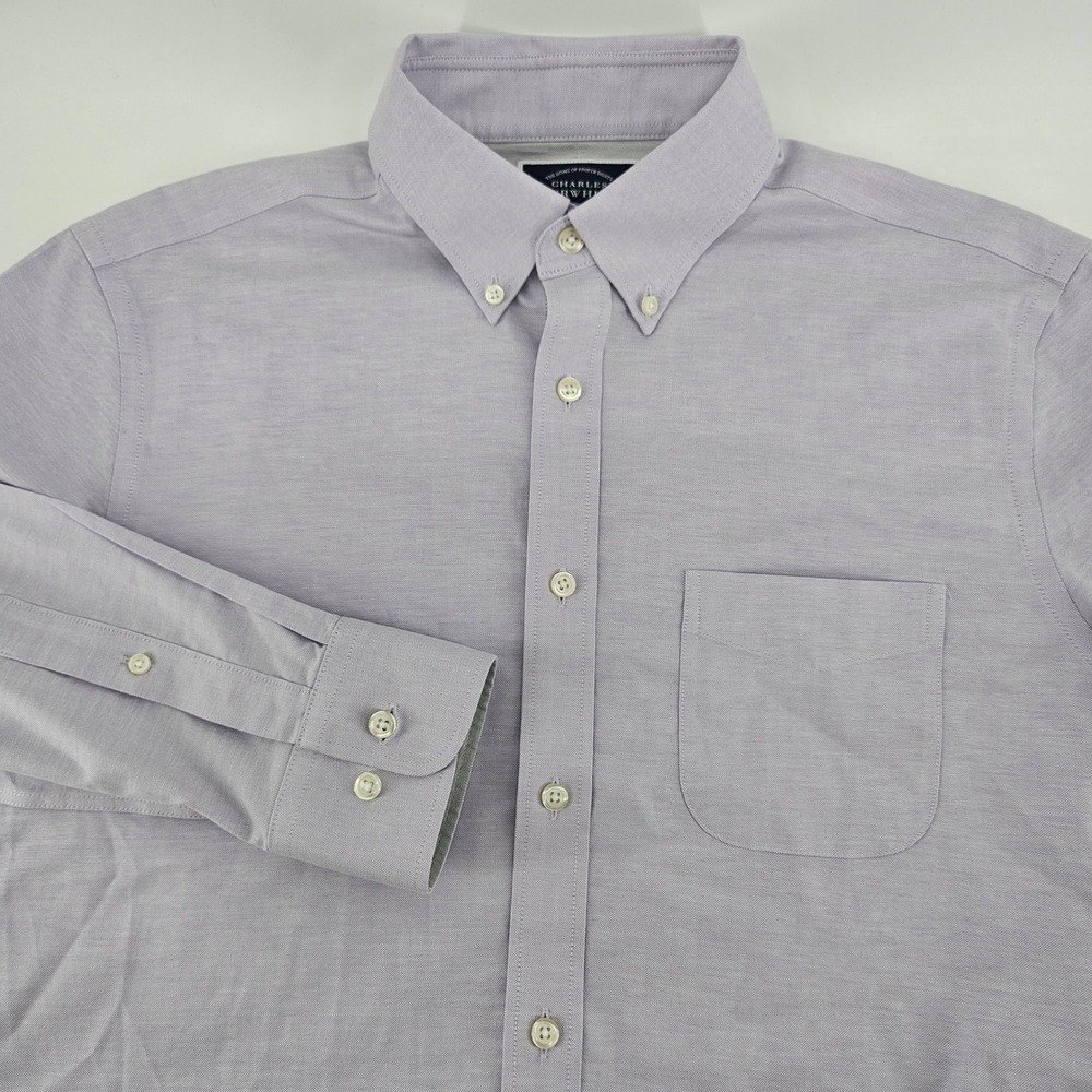 Charles Tyrwhitt Mens Slim Fit Button Down Shirt Purple Cotton Stretch Size M